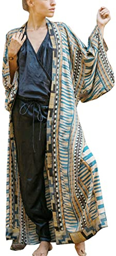 YOUKD Maxi Vestito da Donna Copricostume da Spiaggia con Cardigan a Maniche Lunghe a Kimono Bohémien