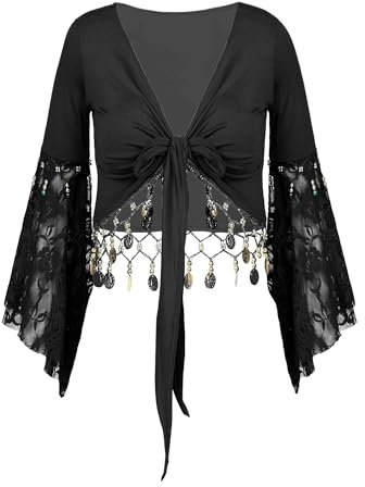 Alvivi Damen Bolero Jacke Bauchtanz Kostüm mit Münzen Schulterjacke Latein Tanz Ballettjacke Cardigan Tops Kurze Oberteile Schwarz 3XL