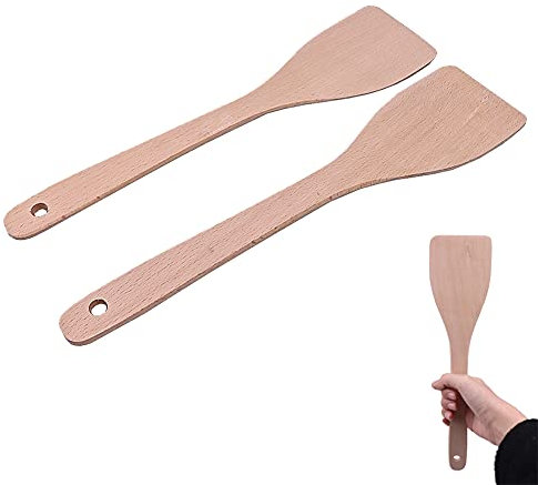 Zhongtou Lot de 2 Spatule en BoisRaclette Cuillere Bois de Hêtre Antiadhésives avec Long Manche Résistant à La Chaleur 30 cm Spatule a Raclette Anti-brûlure Ustensiles de Cuisine Bois