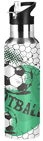Vnurnrn Calcio Calcio Verde Illustrazione Bottiglia Acqua Acciaio Inox, Isolato Borraccia Termica Senza BPA 600ML per Bevande Calde e Fredde per Bambini Sport Ciclismo Scuola