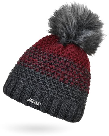 Neverless® Damen Strick-Mütze gefüttert Fleece Fell-Bommel Kunstfell Winter-Mütze Bommelmütze Grobstrick Mehrfarbig Dunkelgrau-Bordeaux Unisize
