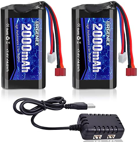 URGENEX 7.4 V Li-ion Battery 2000 mAh 2S Battery with Deans T Plug for RC Cars Boats Trucks with 1 to 2 USB Charger