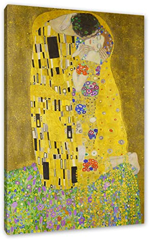 Pixxprint Gustav Klimt - Der Kuss, Weiß, Größe: 80x60cm, Leinwandbild, fertig gespannt, Wandbild, Dekoration, Kunstdruck, kein Poster
