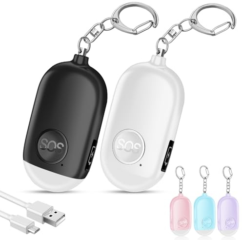 Hion 130DB Lot de 2 Alarmes Personnelles Anti-Agression Rechargeables Avec Porte-clé et LED Lampe de Poche - Pour Femme, Enfants, Personnes Âgées (Blanc+Noir)