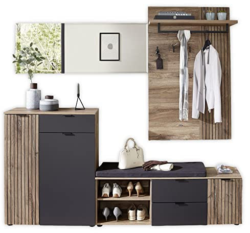 Stella Trading LINEA Flurgarderoben Set in Flagstaff Oak Optik, Anthrazit - Modernes Garderobenset 4-teilig für Ihren Eingangsbereich - 216 x 204 x 38 cm (B/H/T)
