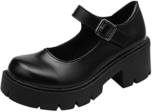 Women's Platform Mary Janes Chunky Heel Ankle Strap Uniform Dress Shoes Heeled Gothic Lolita Oxfords (5, Single Strap-Matt Black)