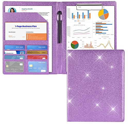 Cacturism Padfolio Portfolio Folder, Foldable Letter Size Clipboard Legal Pad, Bling PU Leather Professional Folio Organizer for Women - Resume Business Document Holder for Job Work Office, Purple