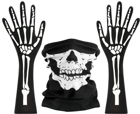 KATELUO Gant Squelette et Masque Squelette, Masque Squelette Halloween, Masque Squelette Adulte, Masque De Crâne d'Halloween, Pour Motos, Randonnée, Halloween, Carnaval, Cosplay