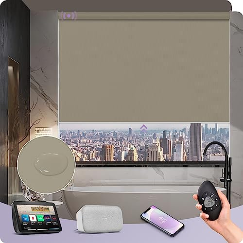 Graywind Verdunkelung Elektrische Rollo Innen Kompatibel Alexa Google, nach Maß Wiederaufladbar Wasserdicht Smart Fensterrollo, Sichtschutz Motorisierte Rollo mit Fernbedienung, Kaffee
