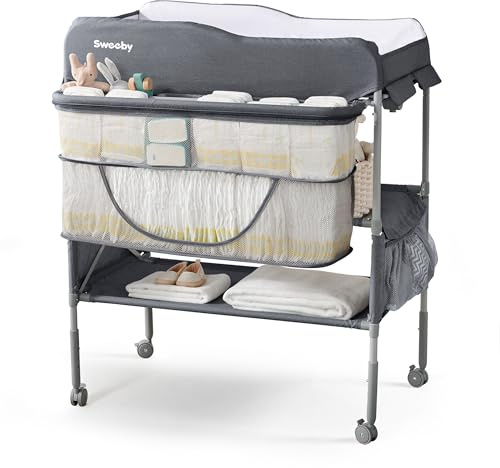 Sweeby Portable Baby Changing Table, Foldable Diaper Changing Station with Waterproof Pad, Mobile Nursery Organizer for Infant & Newborn Essentials, Dark Grey