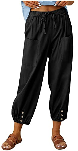Women's Capri Pants High Waist Drawstring Cinch Bottom with Button Cotton Loose Casual Trouser with Pockets Black