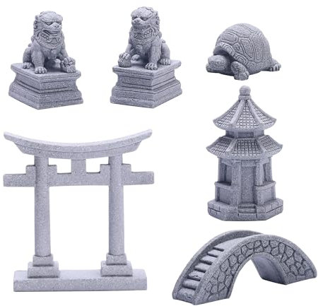 Sdeetesamjun 6 mini accessori da giardino zen, ponte da giardino in miniatura, cani Foo Dogs Torii, statuette in arenaria per meditazione, decorazione zen, terrario giapponese, decorazioni bonsai (Art