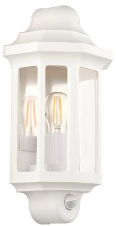 Half Lantern Wall Light Traditional Outdoor 15W LED E27 GLS IP44 Matt Garden Lamp (White, with PIR)