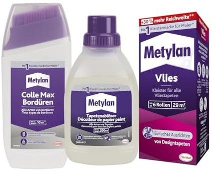 Metylan Vlies, Tapetenkleister für Vliestapeten (1x180g) & Metylan Bordüren Klebstoff (1x250g) & Metylan Tapetenablöser Aktiv-Konzentrat, löst schnell und problemlos (1x0,5l)