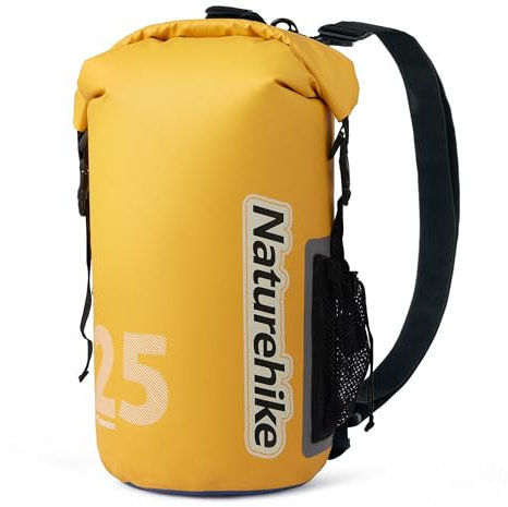 Naturehike wasserdichte Rucksack Tasche Dry Bag – 25L/15L/10L Waterproof Bag mit Langem Justierbarem Bügel für Kayaking Boots-Ausflug Kanu/Fischen/Rafting/Schwimmen/Snowboarding (Gelb 25L)