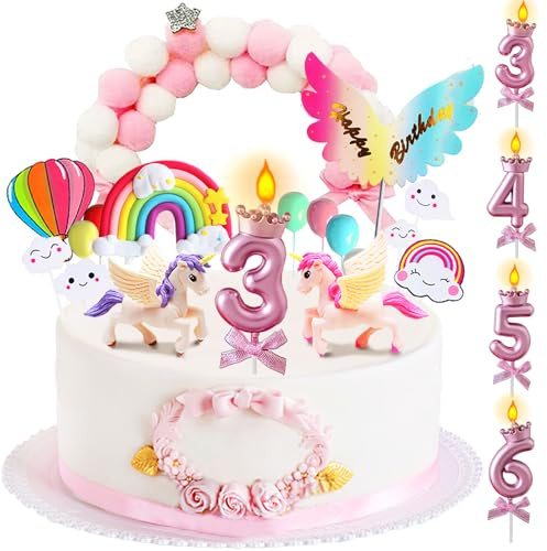 YOUYIKE Einhorn Tortendeko, Kuchen Topper Mädchen Inklusive Geburtstagskerzen 3/4/5/6 Jahr, Einhorn Deko Kindergeburtstag, Regenbogen Deko Torte, Einhorn Figuren Cake Topper
