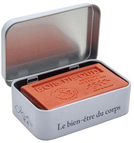 La Maison du Savon de Marseille Seifendose mit Sheabutter-Seife aus Oudholz, zur Aufbewahrung von Duschen, Seifenhalter und Reise-Seifenetui, 125 g