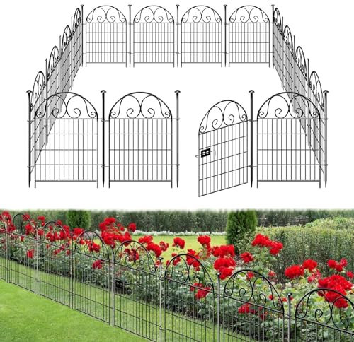 Getlay Tall Garden Fence Animal Barrier with Gate, 36 in(H) 14 Panels Garden Fences and Borders for Dogs, Dog Fence Outdoor for Yard, Total Length 30.6 Ft Metal Temporary Fencing│Patented