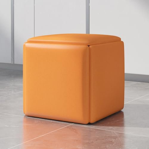 Fußschemel, 5-in-1-Nesting Ottoman Cube Chair, Sitzwürfel Stapelbare Hocker, Quadratische Ottomane-Bank aus PU-Leder mit Rädern für Wohnzimmer, Esszimmer (Farbe: Orange, Größe: 45 cm) Full of stars
