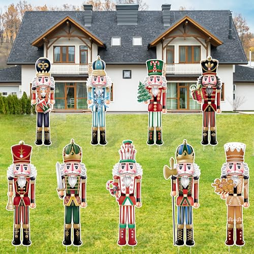 9 Pcs Christmas Yard Signs with Stakes - Nutcracker Yard Stakes, Winter Outdoor Decorations for Lawn, Pathway & Garden