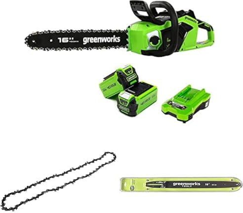 Greenworks Akku Kettensäge mit bürstenlosem Motor, 40 cm Blattlänge, zwei 40V 2Ah Akkus & Ladegerät + Greenworks 40cm Sägekette + Greenworks 40cm Führungsschiene für Kettensäge