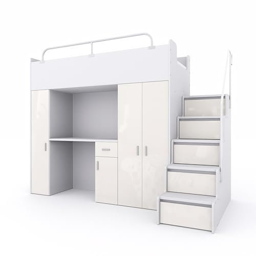 Marlux-Meble Hochbett Kinderbett JSM-5 80x190 mit Kleiderschrank Schreibtisch und Treppe Glanz Etagenbett Stockbett Jugendhochbett (Beige Glanz)