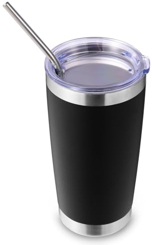 Volhoply 20oz 550ml Travel Insulated Tumbler with Lid and Straw, Double Wall Insulated Travel Iced Coffee Mug Fits Car Cup Holder,Powder Coated Cups for Hot & Cold Drinks, BPA Free（Black,1 Set）