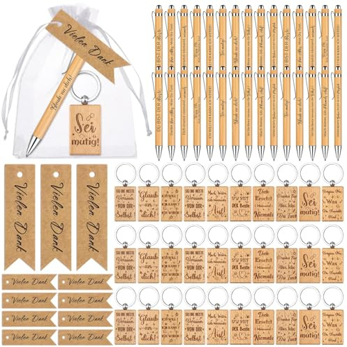 SevenMye 30 Sets Dankesgeschenke‌ Holz Motivations Schlüsselanhänger, Bambus Kugelschreiber mit Organza Beutel und Dankeskarte für Lehrergeschenke‌ Mitarbeiter Abschiedsgeschenke Abschlussgeschenke