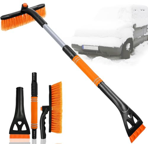 Qeioauek Eiskratzer Auto,360° Drehbarer Schneebürste,3 in 1 Eiskratzer Schneebesen,Eiskratzer mit Besen,einen ausziehbaren Schneekratzer mit Schaumstoffgriff,für Auto LKW SUV(Orange Farbe)