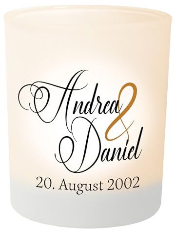 Jahrestag Geschenk: Teelichtglas personalisiert mit Namen & Datum – personalisierte Geschenke zur Hochzeit, Jubiläumsgeschenk, Dekoration – Teelichthalter Windlicht ca. 8,5 cm hoch (Design 2)