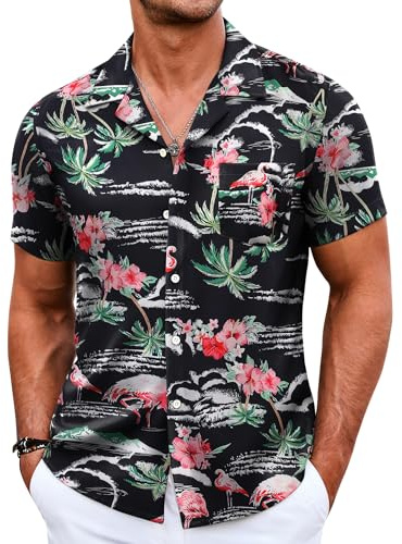 COOFANDY Hawaiiansk skjorta för män, kortärmad, avslappnad, funky strandskjorta, sommartröjor med ficka, Svart Flamingo, 3XL