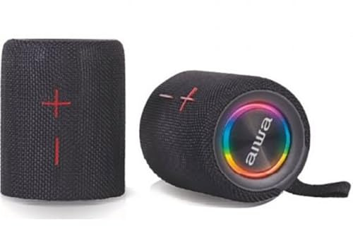 Aiwa BST-250 TWS Bluetooth-Lautsprecher mit RGB-Beleuchtung in voller Farbe, Stereo-Sound, 2 x 10 W, wasserdicht, IPX5, wiederaufladbarer Akku und kompatibel mit Android/iOS, Schwarz