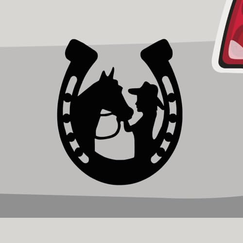 Aufkleber - Hufeisen Cowgirl reiten Pferde - Sticker, Folienaukleber für Auto, Motorrad, Fahrrad, Laptop, LKW (14x12cm | Schwarz)