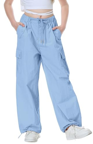 Rolanko Baggy fallskärm cargobyxor för flickor, vintage Y2K joggingbyxor med justerbar elastisk midja för barn, Färg: blå, 13-15 �r
