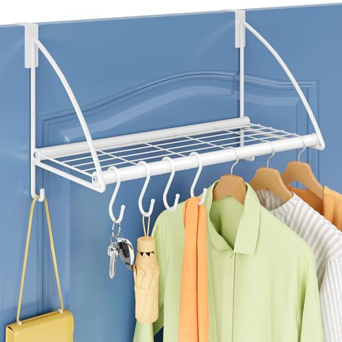 Tajsoon Kleiderstange Tür mit Aufbewahrungsregal und 6 Haken, Türkleiderständer zum Aufhängen von Handtüchern und Mänteln, Tür-Wäscheständer für Badezimmer, Schlafzimmer, Wohnzimmer, Weiß