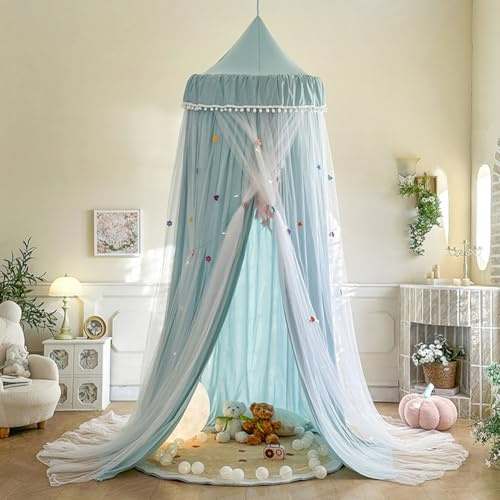 Lsimeru Rüschen Baldachin Kinderzimmer Jungen Mint Grün Doppelschicht Betthimmel Babybett Kinderbett Himmel Bettvorhang Princess Moskitonetz Insektennetz Himmelbett Vorhang für Babyzimmer