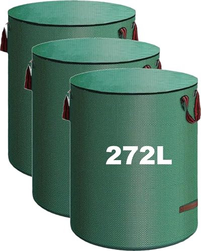 RXBSLZN Profi-Gartensack 3er Set mit Deckel – 272L Fassungsvermögen, wasserdichter Deckel, für Laub & Grünschnitt (272L 72 Gallonen 67 * 76cm)