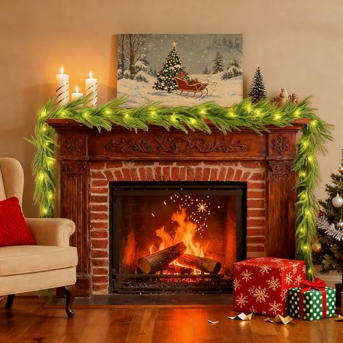 2.7M/9FT Christmas Garland with Lights, Real Touch Norfolk Pine Garland for Fireplace Stairs Green Artificial Faux Cedar Garland with 50 LED Lights for Mantle Door Indoor Xmas Holiday Decor