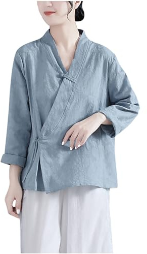 Chemise à manches longues pour femme - Élégant col en V Qipao Cheongsam - Léger et décontracté - Col mandarin - Style ethnique vintage - Boutons - Vêtements traditionnels chinois, bleu, M
