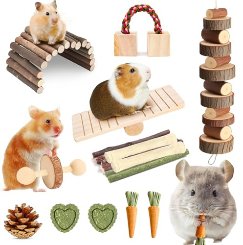 Kagoty 20 PCS Hamster Chew Toys Set, Natural Apple Wood Guinea Pig Toys, Hamster Cage Accessories Include Bridge, Seesaw, Carrot, Timothy Straw Stick Dental Care for Rat Gerbil Chinchilla Rabbits