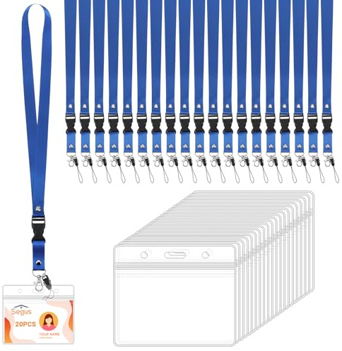 Segus Porta Tarjetas Identificativas, 20 Piezas Acreditaciones Colgantes con Lanyard, Cinta Llaves Cuello con Cierre de Langosta Giratorio, para Oficina, Escuela (Azul, Horizontal)