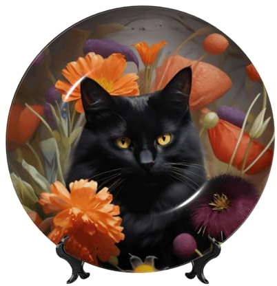 XKBFKLKMC Assiette décorative en porcelaine anglaise avec support de présentation, décoration murale en porcelaine avec motif chat noir et fleur, décoration pour maison, salon, salle à manger, étude