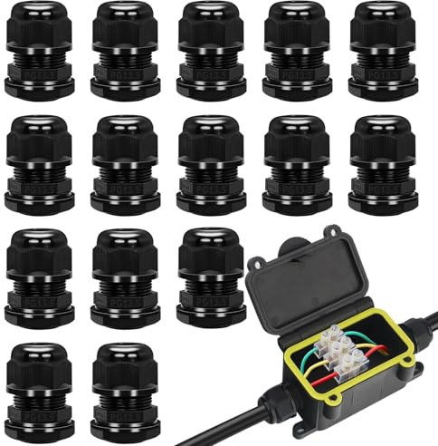 20PCS M20 Black Cable Glands IP68 Waterproof, 20mm Stuffing Glands Suitable for 6mm-12mm Cables, Nylon Gland Connectors with Locknut and Washer Black, Used for Wall-Mounted Distribution Boxes Junction