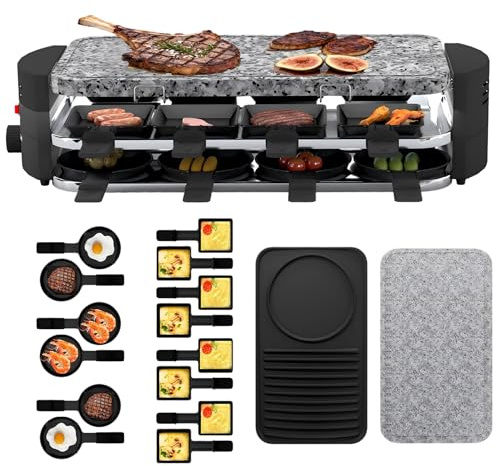 UISEBRT Raclette Grill für 8 Personen,2in1 Raklettgerät mit Reversible Grillpfanne,Stufenlos Regulierbare Temperatur,Antihaftbeschichtung,Stein und Wendegussplatte,Raglettgrill mit 14 Pfännchen,1600W