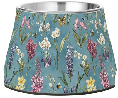 Fressnapf mit Blumen, Hyazinthen, Schmetterlinge, Blau, für Haustiere, verbesserter Edelstahl, für kleine Haustiere, Schnurrhaar, Müdigkeit