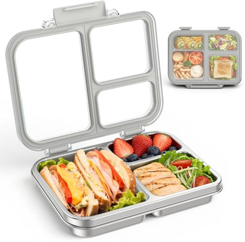 BABHAMNESS Stainless Steel Bento Lunch Box for Kids Adults, 3 Compartments Metal Bento Box with Transparent Lid & Silicone Container for Kids,Dishwasher-Safe,School & Travel,BPA-Free(Grey)