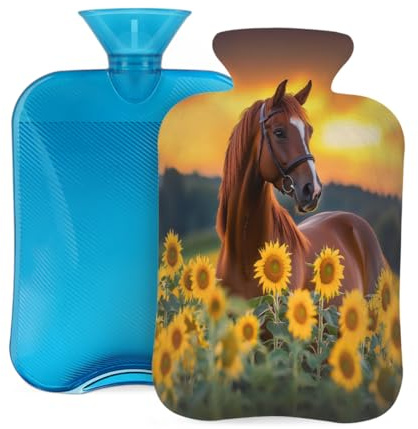 Mexpekil Wärmflasche mit weichem Flanellbezug, 2 l, großer Wärmbeutel zur Schmerzlinderung, warme Hände, Füße und Körper, ideales Geschenk für Erwachsene und Kinder (Sonnenblumenbraunes Pferd)