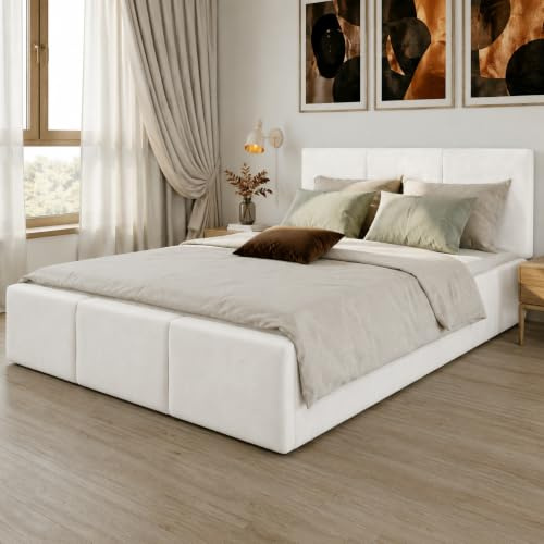 Home Collective Polsterbett, Bett mit Stauraum, Stauraumbett mit Lattenrost gepolstert Bett mit Kopfteil Doppelbett mit Bettkasten | Gasdruckfedern & Metallrahmen, Samtpolsterung | 120×200 cm | Beige