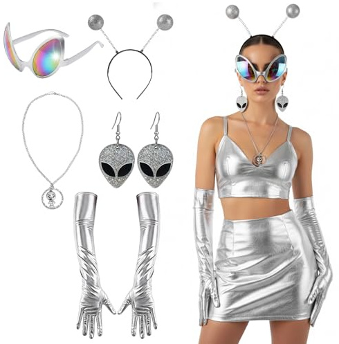 MmotZsb 5 Stück Alien Kostüm Damen, Alien Accessoires Set Für Halloween Party, Aliens Brille Handschuhe Haarreif Halskette Ohrring Für Cosplay Maskerade