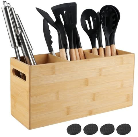 SenaiMy Upgrade Bambus Küchenutensilienhalter Groß mit 3 Fächern, Holz Hell Utensilien Organizer mit 2 Seitliche Griffe und Antirutschmatten für Küchenarbeitsplatte, BBQ, Küchendekoration